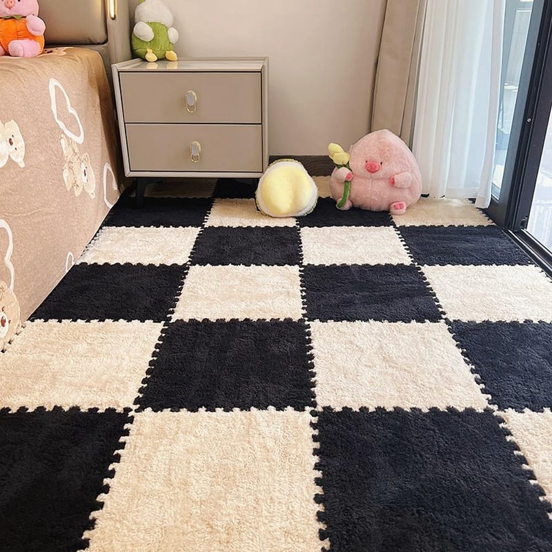 BXEBUI 12pcs Carpet Squares Puzzle Floor Mat, Plush Interlocking Carpet Tiles, Anti Slip EVA Foam Jigsaw Floor Tiles, Build A Safe Area for Bedroom Playroom (Beige+Black) - Image 2